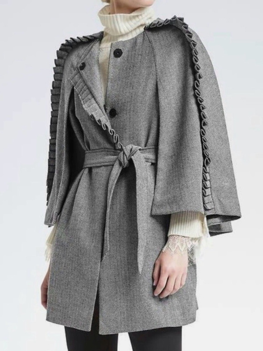 Banana Republic x Olivia Palermo Wool Houndsooth Cape Coat Ruffles Size Large